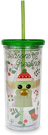 Silver Buffalo Star Wars: The Mandalorian Grogu Christmas Icons - Taza con tapa y pajita