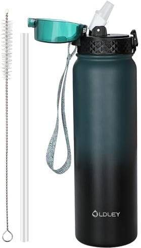 OLDLEY Stainless Steel Water Bottle with Straw 1L Vaccum Insulated Large Drink Flask Metal Water Bottles 1 Litre Leakproof Keep Drinks Hot Cold for Sports Gym Adult Women Men(Green Black, 1 Lid)