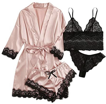 iSpchen Pyjama 4 pièces pour femme - Ensemble de pyjama long - Lingerie sexy en dentelle - Pantalon court - Chemise de nuit - Printemps été automne - Robe de chambre douce - Short, Rose, M