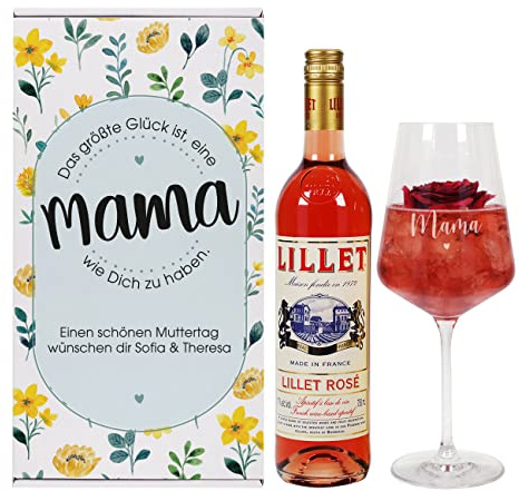 Herz & Heim® Geschenkset Eine Mama wie Dich mit Weinglas, Geschenkverpackung und 1 Flasche Lillet/Personalisiert Rosé
