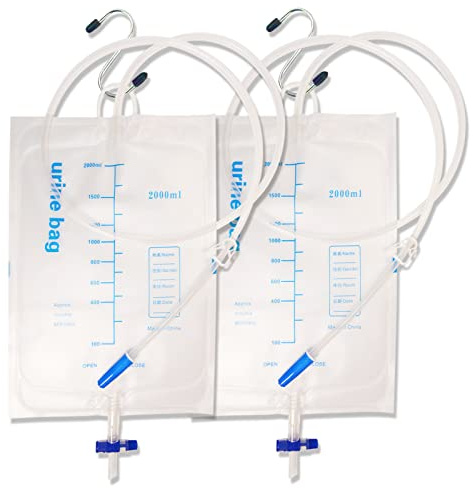 Urinary Drain Bags, 2000 ml, Extra Large Extra Length Tubing, Unisex Emergency Medical Drainage Bags, Anti Reflux Ventil, Metallhaken, 2 Stück