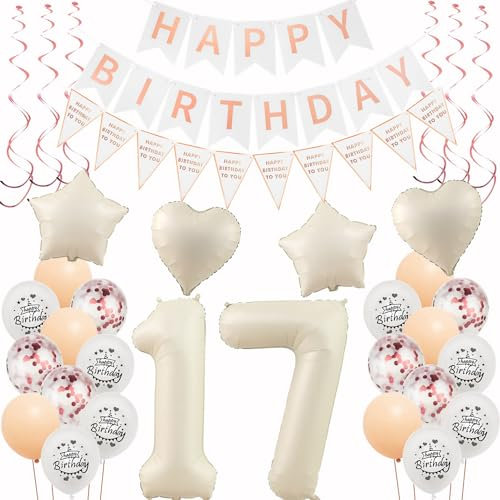 Deko 17. Geburtstag Mädchen Beige Roségold Luftballons 17 Geburtstag Dekoration Mädchen，17 Deko，Geburtstagsdeko 17 jahre,Happy 17th Birthday Girlande 17 Party