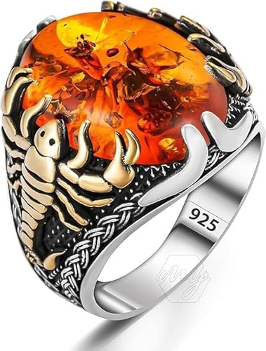 TAKILINGO Anello da uomo in argento Sterling 925 massiccio, con pietra di ambra baltica e figura di scorpione, gioiello a forma di animale, anello unico fatto a mano