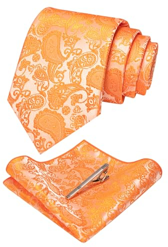 JEMYGINS orange Farbe krawatte Paisley Seide Herren Krawatten und Einstecktuch mit krawattenklammer Sets