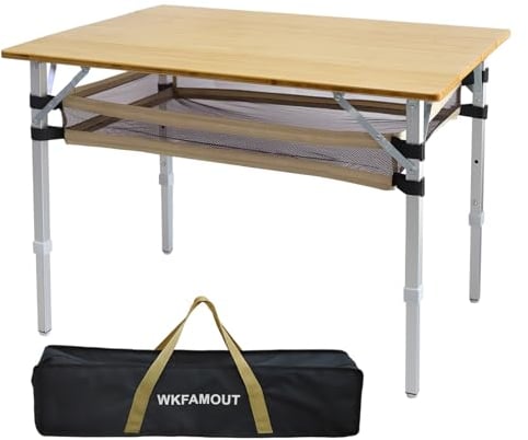 WKFAMOUT Klapptisch Campingtisch Bambus Klappbar Höhenverstellbar 80x55 cm Outdoor Gartentisch 4 Faltbar Aluminium Beine mit Netzbeutel für Camping Picknick Kochen Wandern Reisen
