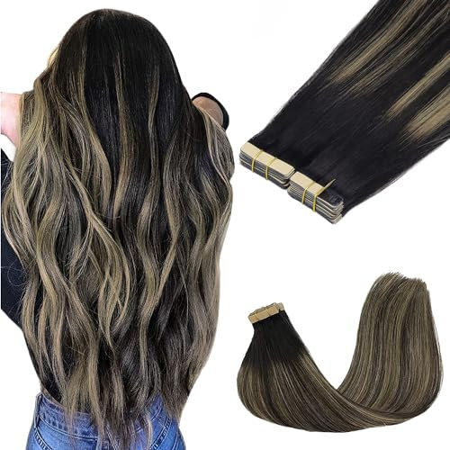GOO GOO Tape in Extensions Echthaar, 45cm 100g 40pcs, Haarverlängerung Echthaar, 1B/19/1B Naturschwarz Gemischt Hellblond