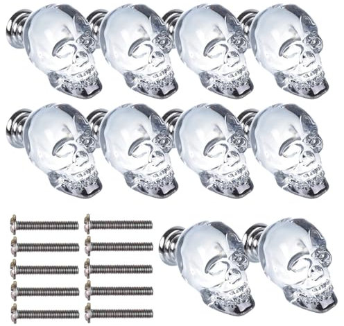 Lot de 10 boutons de tiroir décoratifs en forme de tête de mort en cristal avec vis pour commode, tiroir, armoire
