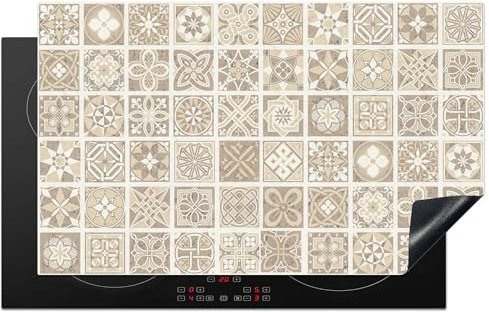 KitchenYeah© Copri Piano Induzione 83x51 cm Cucina Coprifornelli Copertura Protezione Cottura Tutto per la Cucina Mosaico - Vintage - Beige - Motivo - Fiori