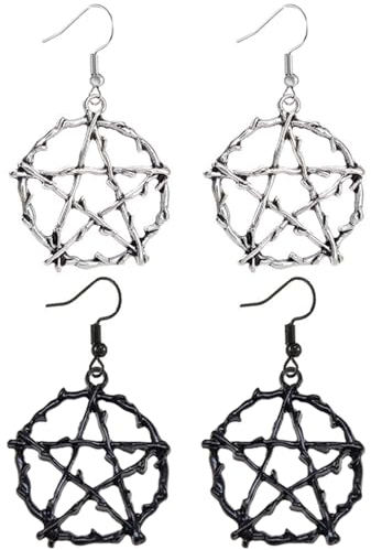 Kawailay Gothic Pentagramm Ohrringe - Vintage Stern Dangle Rock Punk Haken für Frauen - Silber Schwarz