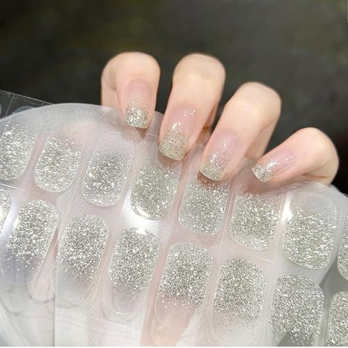 Ceboic Semi Cured Gel Nail Strips, 22PCS Silver Shiny Nail Stickers with Soft Gel Finish, French Manicure Stickers Set