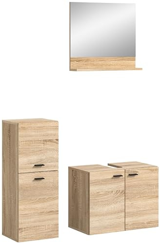 xonox.home Badezimmer Boston 3tlg. Kombination Badmöbel Set kleine Bäder Komplettprogramm Bademöbel-Set in Eiche Sonoma Nb. bodenstehend hängend montierbar ca. 102x186x33 cm