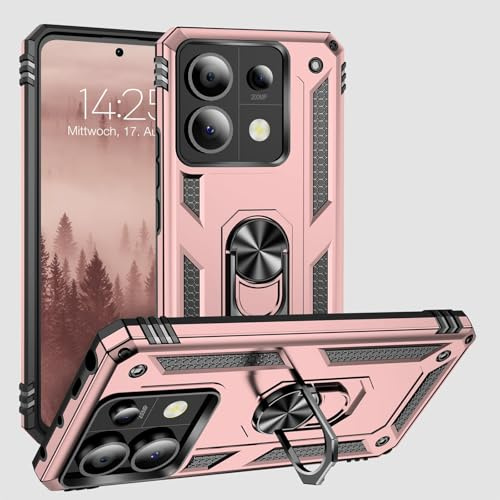 LBH Outdoor Hülle für Xiaomi Redmi Note 13 Pro 5G Armor Militär Stoßfest Handyhülle 360 Grad Metal Ring Halter Ständer Schutzhülle für Handyhalterung Auto Magnet Rosegold