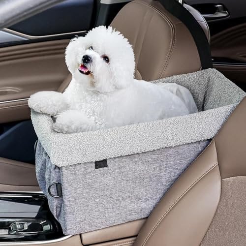 Hoofun Dog Car Seat for Small Dogs,Detachable Washable Dog Booster Seat Under 15lbs, Soft Plush Extra Stable Pet Car Seat Travel Bed with Metal Frame, Storage Pockets and Puppy Safety Belt