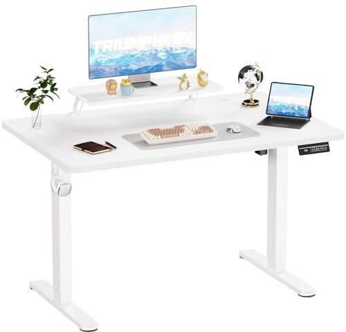 TRIUMPHKEY Bureau Réglable en Hauteur pour Moniteur, 140 x 60 cm, Électrique avec 2 Mémoires, pour Bureau et Maison, Standing Desk, Blanc