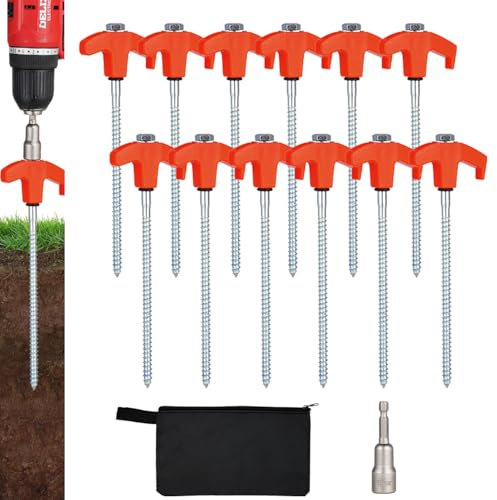 Zeltheringe zum Einschrauben, robust, 20,3 cm Bodenanker, Metallpfähle mit Sechskantkopf-Treiber, Campingzelt-Zubehör, Orange, 12 Stück