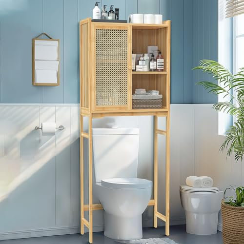 unho Over The Toilet Storage Cabinet: Bamboo Bathroom Shelf Over Toilet Freestanding Bathroom Organiser with 4 Tier and One Door 60 x 25.8 x 155.5 cm