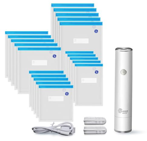 THREEWALK Handheld Vacuum Sealer Machine-Powerful Pro Vacuum Food Sealer Set 20 Multi-Sized Reusable Zipper Sous Vide Vacuum Bags Electric Pump.Mini USB Rechargeable, Clips for Anova, Joule