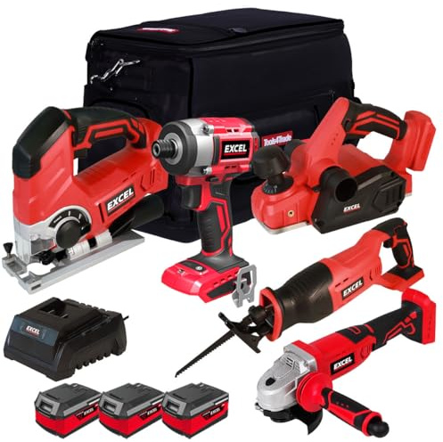 Excel 18V Cordless 5 Piece Tool Kit with 3 x 4.0Ah Battery & Charger EXL5169 - Monster Power Tool Kit- Combo Kit- 18V Cordless Power Tool Kits- Mega Power Tool- Excel kit