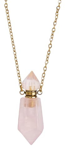 SUPERFINDINGS Pendentif de Bouteille de Parfum en Pierre de Quartz Rose Naturelle Bouteille de Parfum en Cristal de Pierres Précieuses Collier de Diffuseur de Collier D'Huile Essentielle Hexagonale