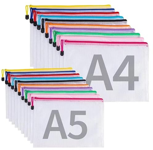 16 Stück Dokumententasche aus Stoff, Ordner für Unterlagen, Schwarz, A3, A4, A5, A6, Wasserdichte Dokumententasche mit Reißverschluss (20, farbig, A4+A5)