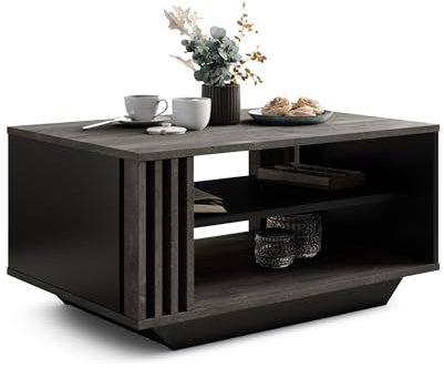 Viosimc Couchtisch, Wohnzimmertisch mit modernen Lamellen, moderner und stilvoller rechteckiger Kaffeetisch mit Ablage, stilvolle Ergänzung für jedes Wohnzimmer – Beton & Stahl Schwarz