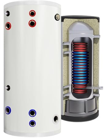 TECHGLOBE - Warmwasserspeicher komplett aus Edelstahl - mit 2 extragroßen Wärmetauschern (1,8 + 3,1 m²) - Energieeffizient Brauchwasserspeicher - mit 50mm Isolierung - (300 L)