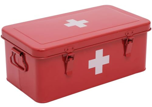 Caja para Medicamentos/Organizador de Medicamentos con 4 Compartimentos, Caja de Primeros Auxilios Portátil en Metal (Rojo) - Incluye Seguridad - Ideal para Casa, Oficina o Auto,Compacto 33x18x13 cm