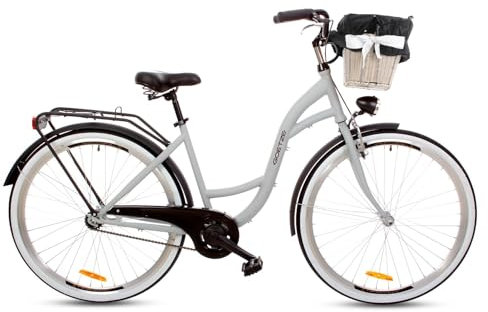 Goetze Style 28 Zoll Damen Citybike, 18 Zoll Tiefeinsteiger Stahlrahmen, 1-Gang Rücktrittbremse, V-Bremse vorne, LED-Beleuchtung, Rattankorb, Komfortsattel, mit Seitenständer & Klingel