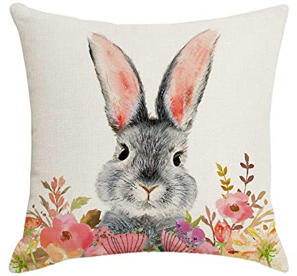 Kissenbezug Ostern 1/4er Set 45x45 cm 3D Dekokissen Hase mit Schlappohren Sofakissen Bezug Deko Frühling Kissen mit Osterhase und Hasenlöffel Couchkissen Zierkissen für Wohnzimmer Schlafzimmer (F)