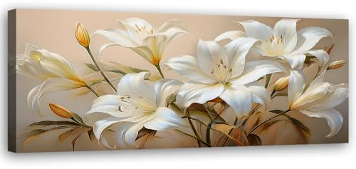 Feeby - Tableaux Decoratifs - Tableau Salon Grand Format - Fleurs de lys blanches Bouquet - 150x50 1partie - Tableau Decoration Murale - Toile Imprimée - Impression sur Toile Peinture