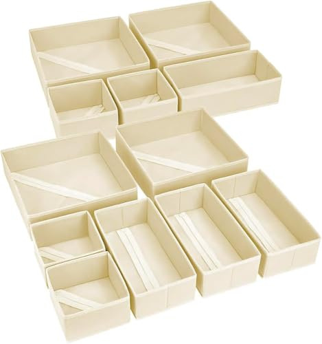 DIMJ Organizer Cassetti - Organizer per Armadio Non Tessuto, 12 Pezzi Divisori per Cassetti, Scatola di Immagazzinaggio Pieghevole, per Biancheria, Neonati, Calzini, Beige | Set di 12 organizer per bambini, separatore per vestiti, calze, reggiseni, mutandine, beige