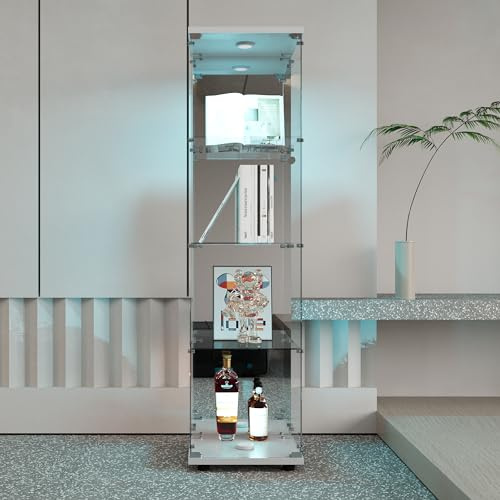 KeepGoon Moderner Sammlerschrank aus Glas, vierschichtig, Vitrine aus Glas mit 4 Einlegeböden und 1 Türen, mit LED-Beleuchtung, geeignet für Wohnzimmer, Schlafzimmer, Büro, Weiß