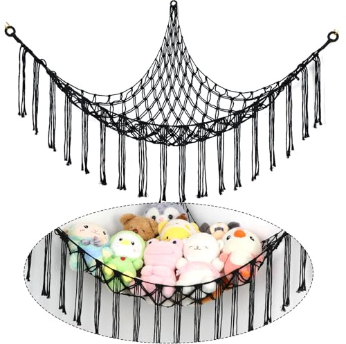 Stuffed Animal Hammock Corner, Hand-knitted Large Plushie Net Toy Hammock with Wooden Rings | Boho Cute Stuff Animal Storage for Nursery & Bedroom |Toy Organizer Holder Nursery Room Decor (Black)