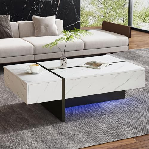 FammyLoft Couchtisch mit LED-Beleuchtung, Coffee Table mit Marmormuster, Unregelmäßiges Design Kaffeetisch, Moderner Hochglanz Tischplatte, Sofa Tisch, für Wohnzimmer/Flur, 105cm, Weiß
