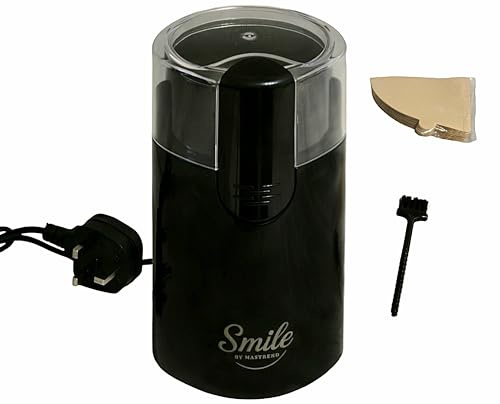 Smile by Mastrend Electric Coffee and Spice Grinder, Black, Compact Modern Design with Clear Lid, Low Noise, 150W Electric Powered Kitchen Appliance for Grinding Coffee Beans and Other Dry Ingredients