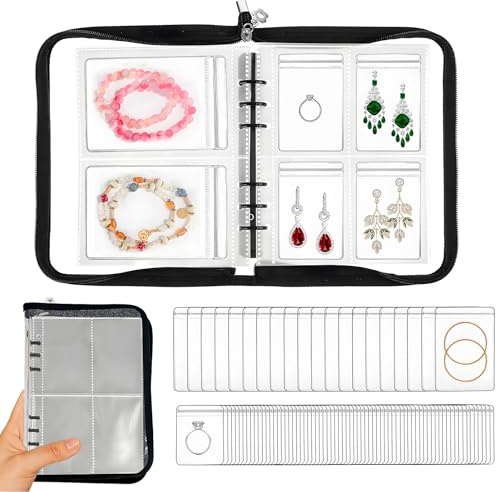 Figtacico Transparent Jewelry Storage Book - Portable PVC Jewellery Book Organizer Large Capacity with Zipper, Binder and 80 Pcs Seal Bags, Ideal for Women Travel