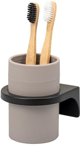 bremermann Zahnputzbecher Savona mit Soft-Touch Oberfläche, runder Becherhalter inkl. Wandhalterung zum Kleben oder Bohren, Zahnbürstenhalter aus Kunststoff (Taupe)