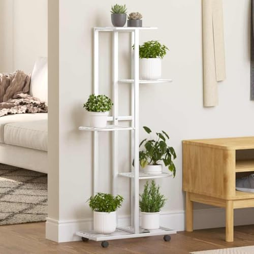 IBUQDDV 5-Etagen Blumenständer mit Rollen, 44x23x100 cm Weiß Eisen Eck-Pflanzenregal für Pflanzen und Blumen, Stabiles Vertikalregal aus langlebigem Eisen, Praktisches Lagerregal