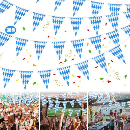 Oktoberfest Deko Wimpel Girlande, 3 Stück x 10M Oktoberfest Banner Deko, Oktoberfest Bayrische Dekoration, Wiederverwendbare Oktoberfest Wimpelkette Outdoor Wetterfest