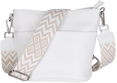 MIRROSI Damen Umhängetasche, Crossbody Bag, Echtleder I Made in Italy (1 Tasche 1 oder 2 Gurt(e)), 24x18x12cm (BXHXT) Mittelgroß (Upgrade Version (mit 2 Gurte): Weiß Boho)