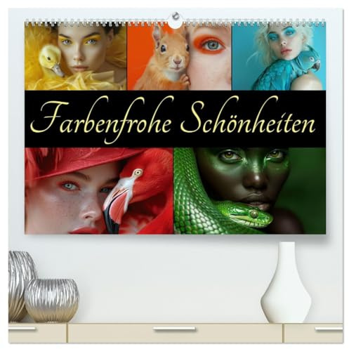 Farbenfrohe Schönheiten (hochwertiger Premium Wandkalender 2026 DIN A2 quer), Kunstdruck in Hochglanz: Tiere und Frauen im farbigem Portrait - KI generiert (CALVENDO Tiere)