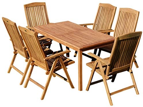 AS-S Teak Set Gartengarnitur Alpen Tisch 150x80 cm und 6 Tobago Sessel Serie JAV
