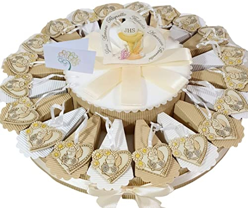 Torta bomboniere comunione pendente appendino cuore fiori simboli eucarestia + centrale cuore frase confetti e biglietti inclusi (20 fette)