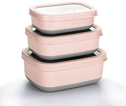Lille Home Recipientes de alimentos de acero inoxidable de con exterior antideslizante, juego de 3, 470 ml, 900 ml, 1,4 L, a prueba de fugas, sin BPA, control de porciones, color rosa