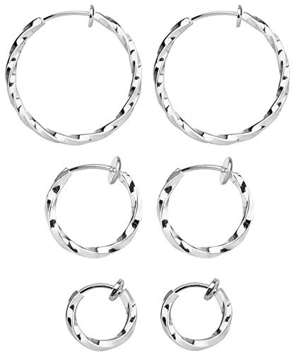 Elicola 3 Pairs Clip On Twisted Hoop Earrings Non Piercing Earrings Set for Women Girls, Silver 15-30MM