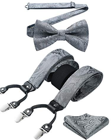 HISDERN Hosenträger für Herren Paisley Y Form und Längenverstellbar Hosenträger mit 6 starken Clips und Fliege mit Einsteckuch
