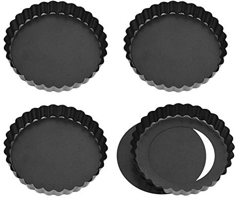 Xinzistar 4 Pack 12cm Tart Tins with Removable Loose Bottom, Non-Stick Mini Cake Tins Quiche Dishes Tart Pans, Round Egg Mould for Baking Cheesecakes (Black)