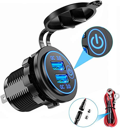 QC 3,0 USB Coche Cargador Enchufe 12/24 V con Interruptor Táctil para Vehículos Motocicleta, SUV, Marina (Azul)