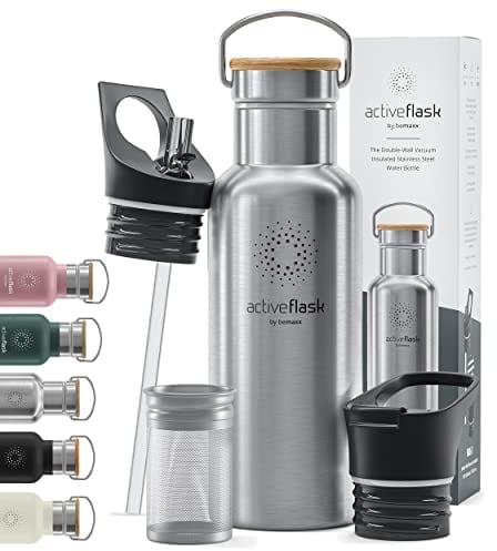Trinkflasche Edelstahl mit Strohhalm, Infuser + 3 Deckel: BPA-frei, Auslaufsicher, Kohlensäure geeignet - Wasserflasche Fahrrad Thermosflasche Isoliert Isolierflasche Sport Wasser Flasche Kinder Tee