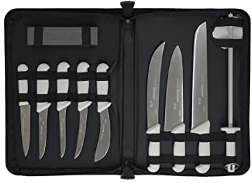 Starrett Professional Butchers Knife Set - 11 Pieces Stainless Steel White Ergonomic Handles Kitchen Chef Knife - Includes Boning Skinning Steak Knives Protector Stone